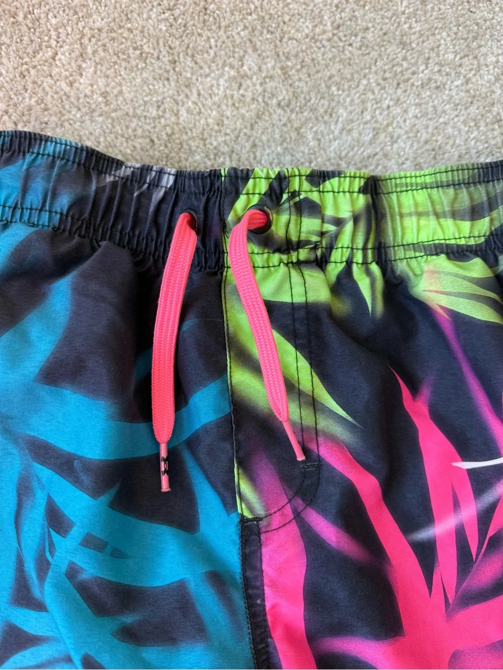 Neon Tropical Swim Shorts with Pink & Teal Leaf Print